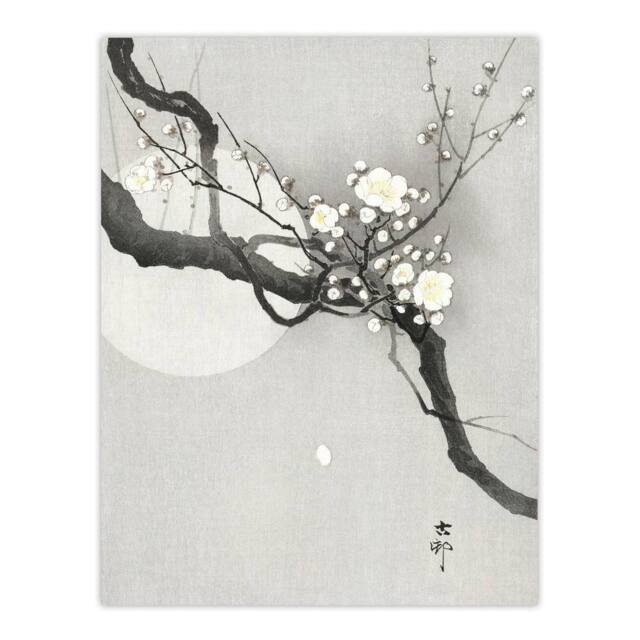 "Artery8 Plum Blossom & Full Moon Vintage Japan Wall Art Print Koson in Grey - Size: W12"" x H16""" - image 1