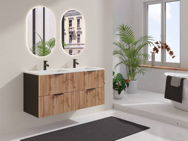 Vente-unique Fluted Wall-Hung Vanity Unit - Light Natural & Black - 120 Cm - image 1