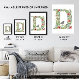 "Artery8 Women's Wall Art Print Letter D in Flowers with Bird Garden Watercolour Floral Word Art For Her Poster - Size: W12"" x H16""" - thumbnail 3