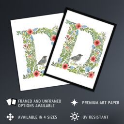 "Artery8 Women's Wall Art Print Letter D in Flowers with Bird Garden Watercolour Floral Word Art For Her Poster - Size: W12"" x H16""" - thumbnail 2