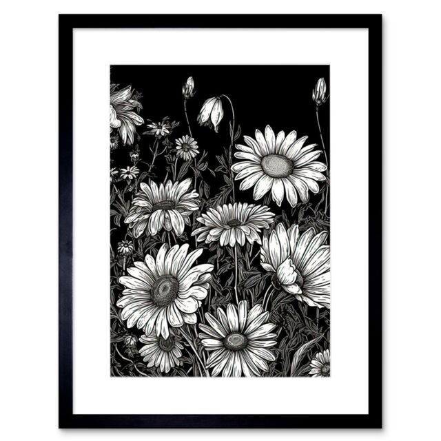 "Artery8 Wall Art Print Daisy Flower Field Black & White Artwork Framed 9X7 Inch - Size: W7"" x H9""" - image 1