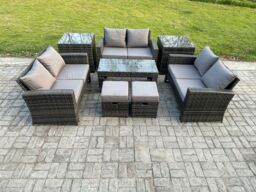 Fimous Outdoor U Shape Sofa Set Wicker PE Rattan Garden Furniture Set with Coffee Table Double Seat Sofa 2 Small Footstools in Dark Grey - thumbnail 2