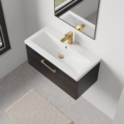 Balterley 800mm Wall Hung 1 Drawer Vanity Unit, Woodgrain Black, Brass Handle in Black - thumbnail 3