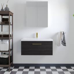 Balterley 800mm Wall Hung 1 Drawer Vanity Unit, Woodgrain Black, Brass Handle in Black - thumbnail 2