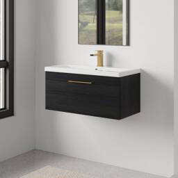 Balterley 800mm Wall Hung 1 Drawer Vanity Unit, Woodgrain Black, Brass Handle in Black - thumbnail 4