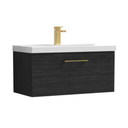 Balterley 800mm Wall Hung 1 Drawer Vanity Unit, Woodgrain Black, Brass Handle in Black - thumbnail 1