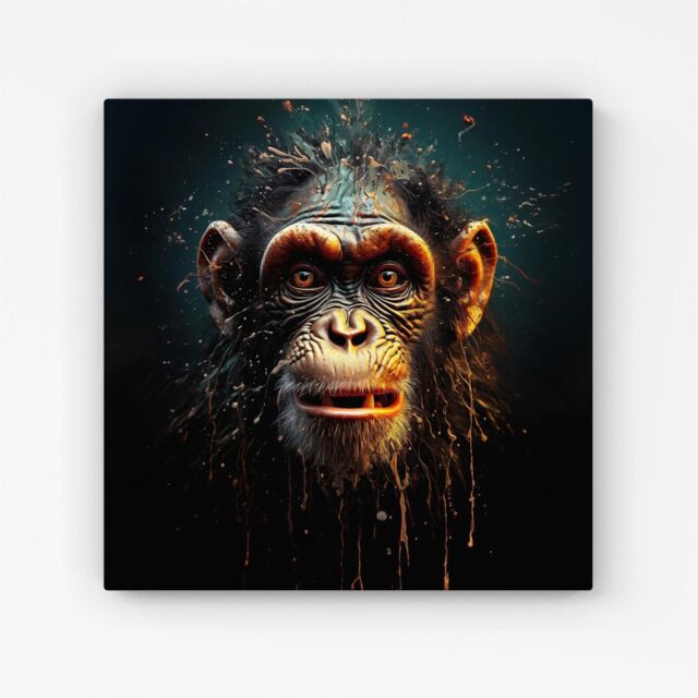 "Warren Reed - Designer Splashart Monkey Face Canvas in Black - Size: W16"" x H16""" - image 1