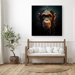 "Warren Reed - Designer Splashart Monkey Face Canvas in Black - Size: W16"" x H16""" - thumbnail 3