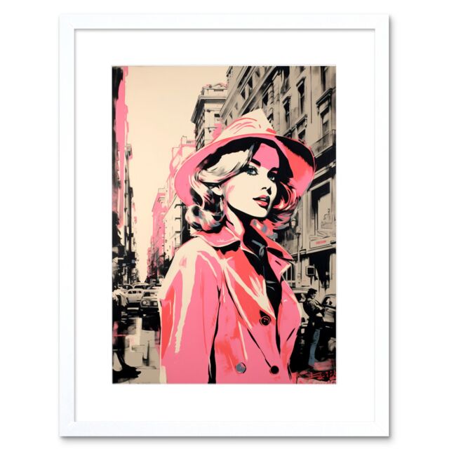 "Artery8 Wall Art Print Retro Fashion Woman with Hat & Pink Trench Coat Artwork Framed 9X7 Inch in White - Size: W7"" x H9""" - image 1