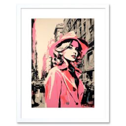 "Artery8 Wall Art Print Retro Fashion Woman with Hat & Pink Trench Coat Artwork Framed 9X7 Inch in White - Size: W7"" x H9""" - thumbnail 1