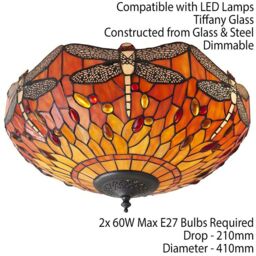 Loops Tiffany Glass Semi Flush Ceiling Light Flame Dragonfly Inverted Shade i00045 in Clear - thumbnail 2