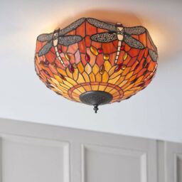 Loops Tiffany Glass Semi Flush Ceiling Light Flame Dragonfly Inverted Shade i00045 in Clear - thumbnail 5
