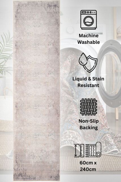Kukoon Washable Runner Rug Grey Distressed Long Hallway Carpet Mat 60cm x 240cm - Size: 60 cm x 240 cm - image 1