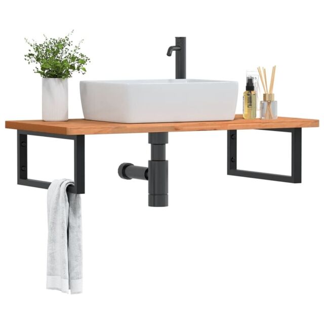 Berkfield Home Basin Shelf Wall Mounted Steel & Solid Wood Beech in Brown - image 1
