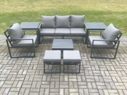 Fimous Aluminium 7 Seater Outdoor Lounge Sofa Set Garden Furniture Sets with Square Coffee Table 2 Chairs 2 Small Footstools 2 Side Tables Dark Grey - thumbnail 1