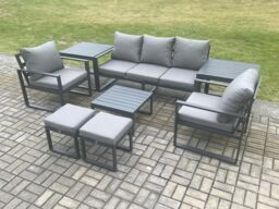 Fimous Aluminium 7 Seater Outdoor Lounge Sofa Set Garden Furniture Sets with Square Coffee Table 2 Chairs 2 Small Footstools 2 Side Tables Dark Grey - thumbnail 2