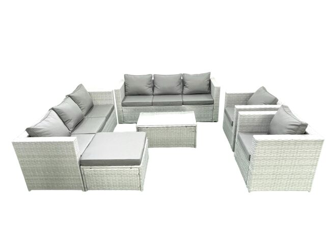 Fimous Outdoor Rattan Sofa Garden Furniture Set with 2 Armchairs Oblong Coffee Table Big Footstool Light Grey Mixed - image 1