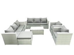 Fimous Outdoor Rattan Sofa Garden Furniture Set with 2 Armchairs Oblong Coffee Table Big Footstool Light Grey Mixed - thumbnail 2