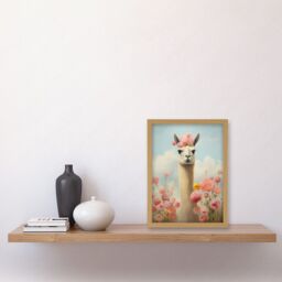 Artery8 Wall Art Print Llama & Peonies Pink Elegant Artwork Kids Bedroom Floral Portrait with Roses Artwork Framed A4 in Light Oak - thumbnail 2