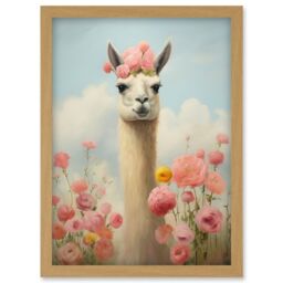 Artery8 Wall Art Print Llama & Peonies Pink Elegant Artwork Kids Bedroom Floral Portrait with Roses Artwork Framed A4 in Light Oak - thumbnail 1