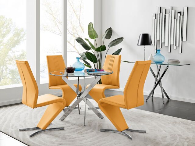 FurnitureboxUK Novara Round 100cm Chrome Metal & Glass Dining Table & 4 Willow Dining Chairs Set in Mustard - image 1