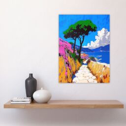 "Artery8 Santorini Greece Coastal Path Colourful Landscape Wall Art Print in Blue - Size: W18"" x H24""" - thumbnail 4