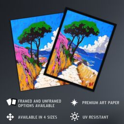 "Artery8 Santorini Greece Coastal Path Colourful Landscape Wall Art Print in Blue - Size: W18"" x H24""" - thumbnail 2