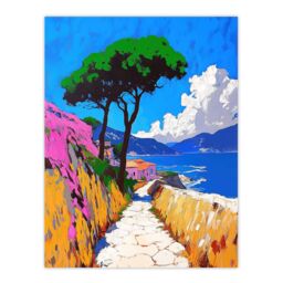 "Artery8 Santorini Greece Coastal Path Colourful Landscape Wall Art Print in Blue - Size: W18"" x H24""" - thumbnail 1