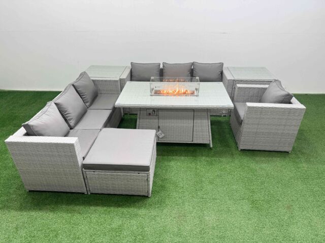Fimous 8 Seat Rattan Sofa Set Outdoor Garden Furniture Set Firepit Table in Light Grey - image 1
