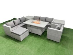 Fimous 8 Seat Rattan Sofa Set Outdoor Garden Furniture Set Firepit Table in Light Grey - thumbnail 2