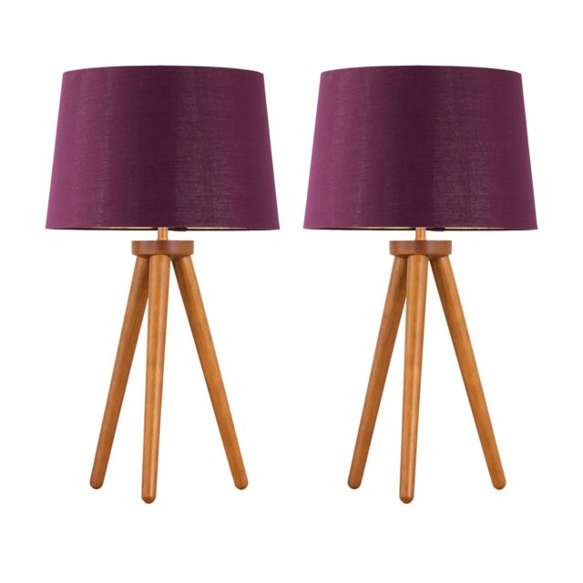 First Choice Lighting Set of 2 Dark Oak Table Lamp or Bedside Lights with Burgundy Shades in Brown - image 1