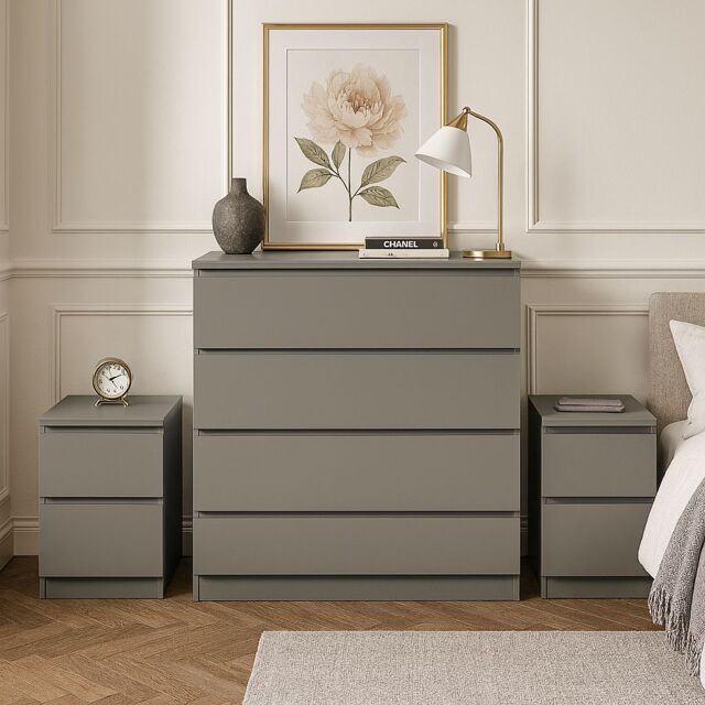 Birlea 3 Piece Furniture Set Chest of Drawers Bedside Tables Oslo in Grey - image 1