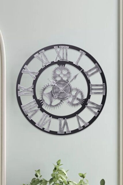 Living and Home 58cm Dia Industrial Style Round Roman Numeral Gear Wall Clock in Silver - image 1