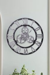 Living and Home 58cm Dia Industrial Style Round Roman Numeral Gear Wall Clock in Silver - thumbnail 1