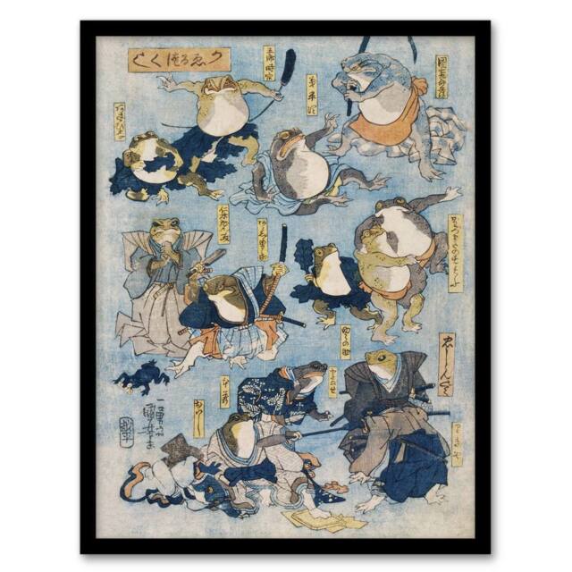 Artery8 Kabuki Famous Heroes Played by Frogs Kuniyoshi Framed Wall Art Print in Blue - Size: A4 - image 1