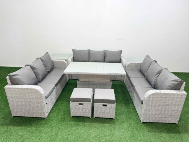 Fimous PE Rattan Lounge Sofa Set 11 Seater Outdoor Garden Furniture Set w/ Adjustable Lifting Dining or Coffee Table 3 Seater Sofa 2 Stools Side - image 1