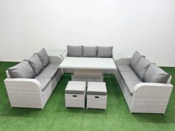 Fimous PE Rattan Lounge Sofa Set 11 Seater Outdoor Garden Furniture Set w/ Adjustable Lifting Dining or Coffee Table 3 Seater Sofa 2 Stools Side - thumbnail 1