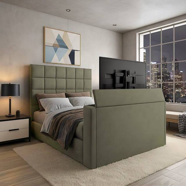 PARADISE BEDS LTD Royal Upholstered Dream Sleep Tv Bed With Ottoman Lift Storage in Olive - Size: King - image 1