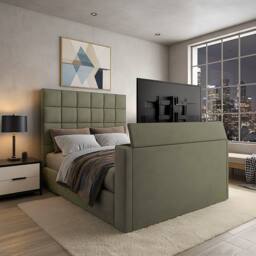 PARADISE BEDS LTD Royal Upholstered Dream Sleep Tv Bed With Ottoman Lift Storage in Olive - Size: King