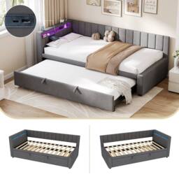 BTM Velvet Daybed with LED Lights, Charging Station, & Trundle in Grey - Size: Single - thumbnail 2