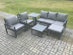 Fimous Aluminium 6 Seater Outdoor Lounge Sofa Set Garden Furniture Sets with Square Coffee Table Chair Big Footstool Side Table Dark Grey - thumbnail 2