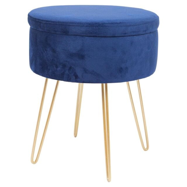 Harbour Housewares Round Velvet Storage Footstool - H45 x D36cm - Gold Legs in Blue - image 1