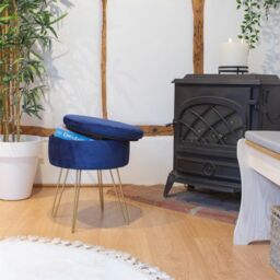Harbour Housewares Round Velvet Storage Footstool - H45 x D36cm - Gold Legs in Blue - thumbnail 2