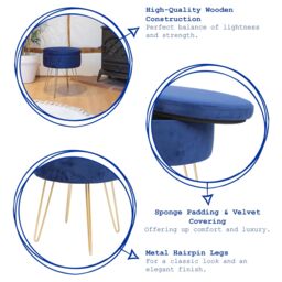 Harbour Housewares Round Velvet Storage Footstool - H45 x D36cm - Gold Legs in Blue - thumbnail 3