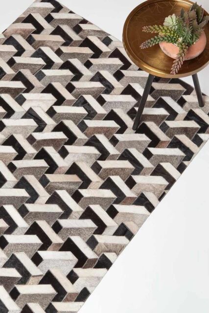 Homescapes Grey & Black Geometric Leather Rug, 90 x 150 cm - Size: 90 cm x 150 cm - image 1