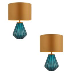 Loops 2 PACK Turqoise Glass Base Table Lamp Light & Gold Fabric Shade - Black Detail