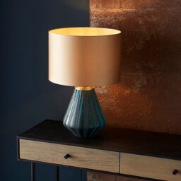 Loops 2 PACK Turqoise Glass Base Table Lamp Light & Gold Fabric Shade - Black Detail - thumbnail 4