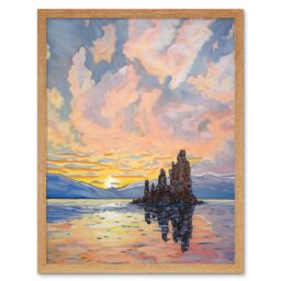 Artery8 Wall Art Print Sunrise Atmospheric Clouds Over Mono Lake Mountain Lakeside Landscape Modern Watercolour Painting Art Framed - thumbnail 1
