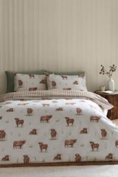 Catherine Lansfield 'Angus Highland Cow' Reversible Duvet Cover Set in Natural - Size: Double - thumbnail 1