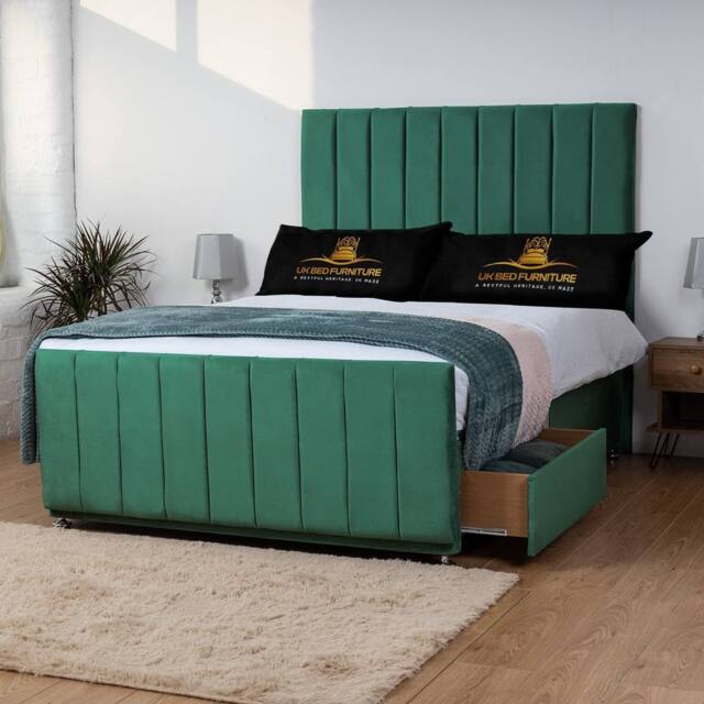 UK Bed Furniture Hampton Divan Bed with 2 Drawers Foot End & 26 Inch headboard in Green - Size: King - image 1